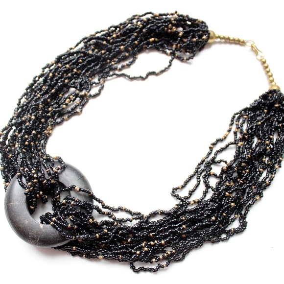 1980s boho tribal multistrand necklace beads horn black gold glass collier - Picture 6 of 11